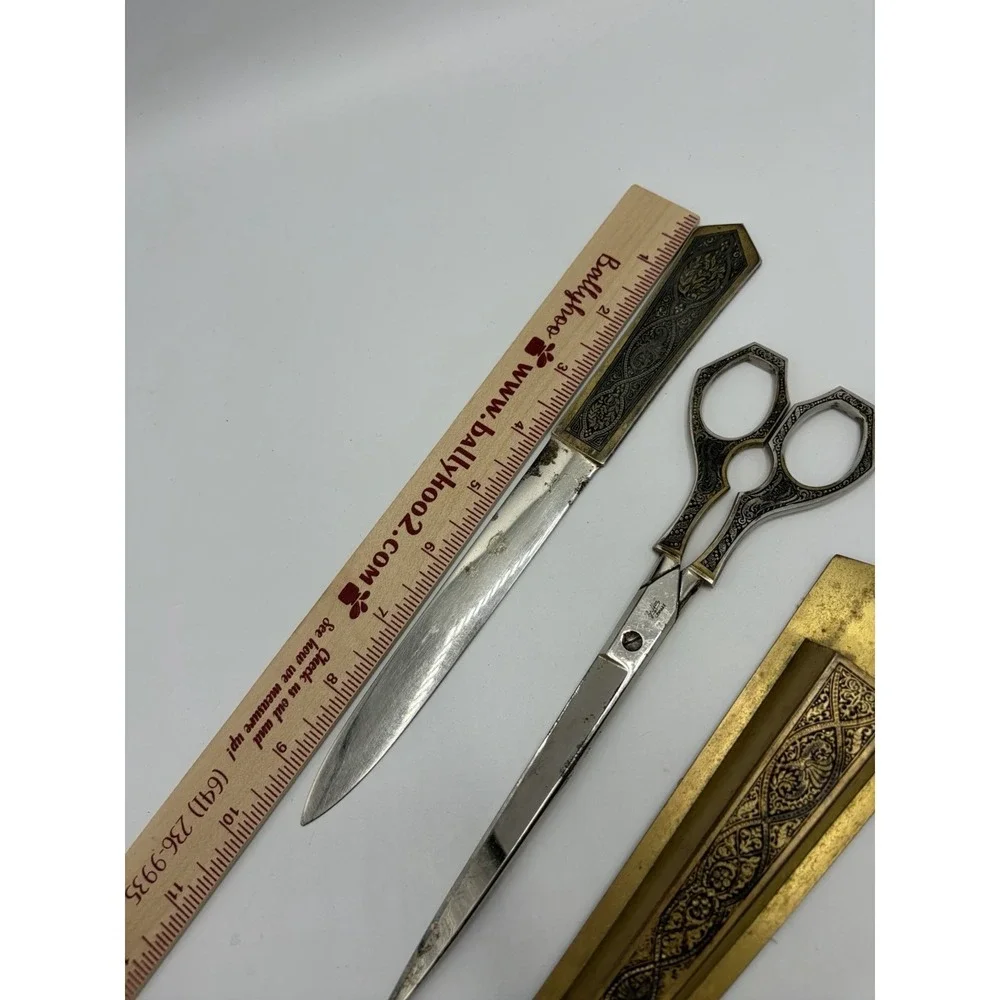 Vintage Griffon Germany Metal Scissors Letter Opener Desk Set Engraved Victorian